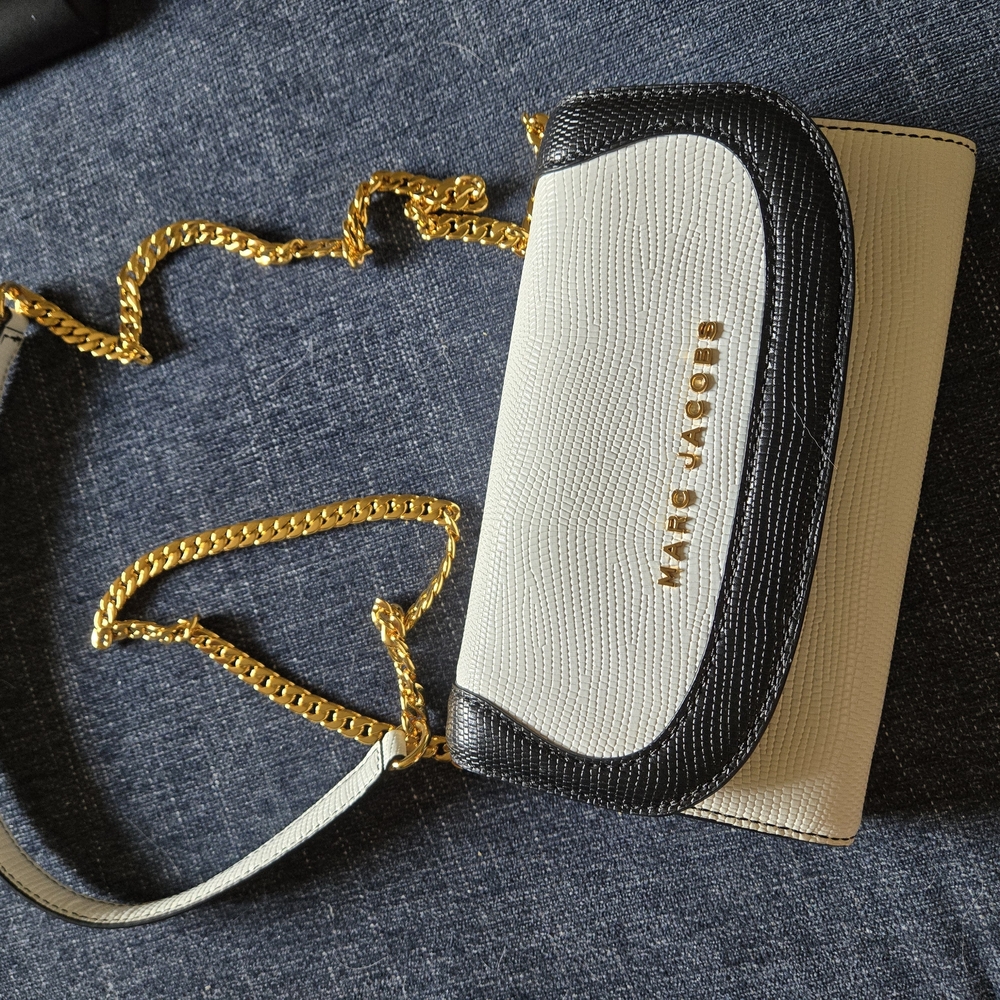 Marc Jacobs Black and Cream Crossbody Bag with Gold Chain